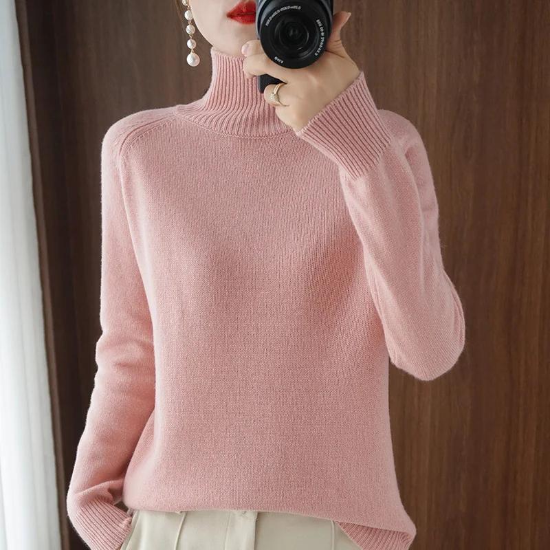 Automne hiver col montant laine mérinos pull basique décontracté pull en cachemire confort femmes ma