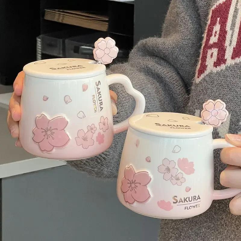 Tasse en céramique avec couvercle et cuillère, belle tasse à café, lait, poudre de Sakura, ménage, a
