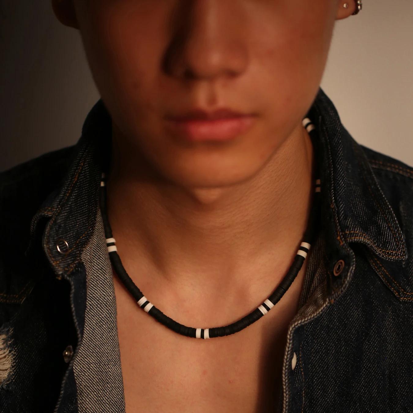 Collier Hombre bohême blanc noir doux polymère perles Collier hommes Collier Homme Homme Collier pou