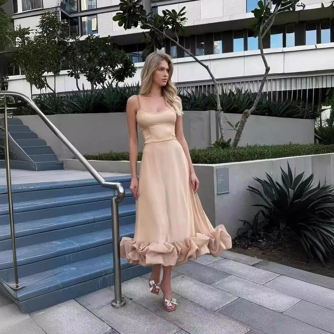 Robe longue élégante à volants pour femmes, jupe trapèze, jupe trapèze, monochromatique, sangle à la