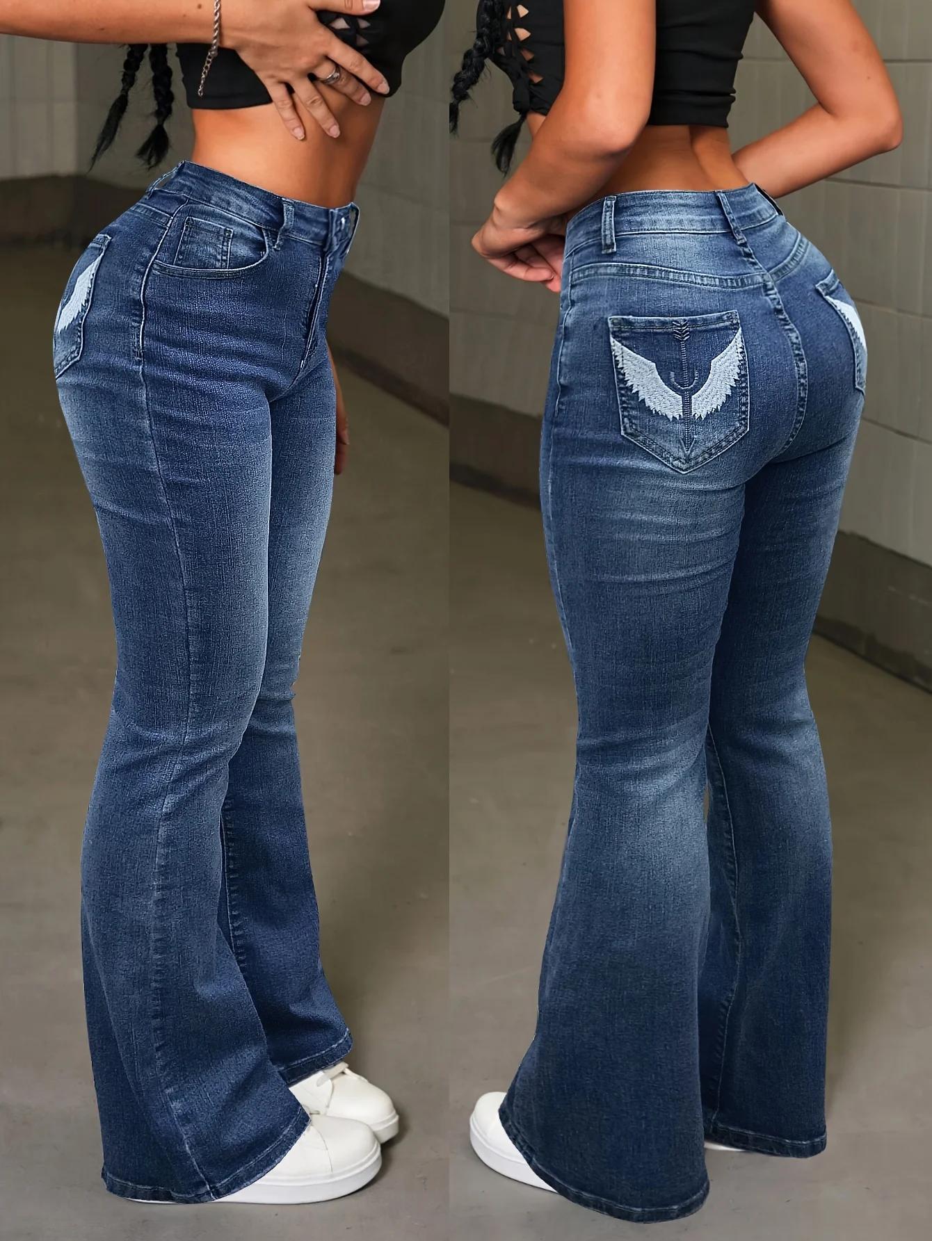 Y2k – jean taille haute extensible pour femmes, décontracté, ailes brodées, jambes évasées, Sexy, ré