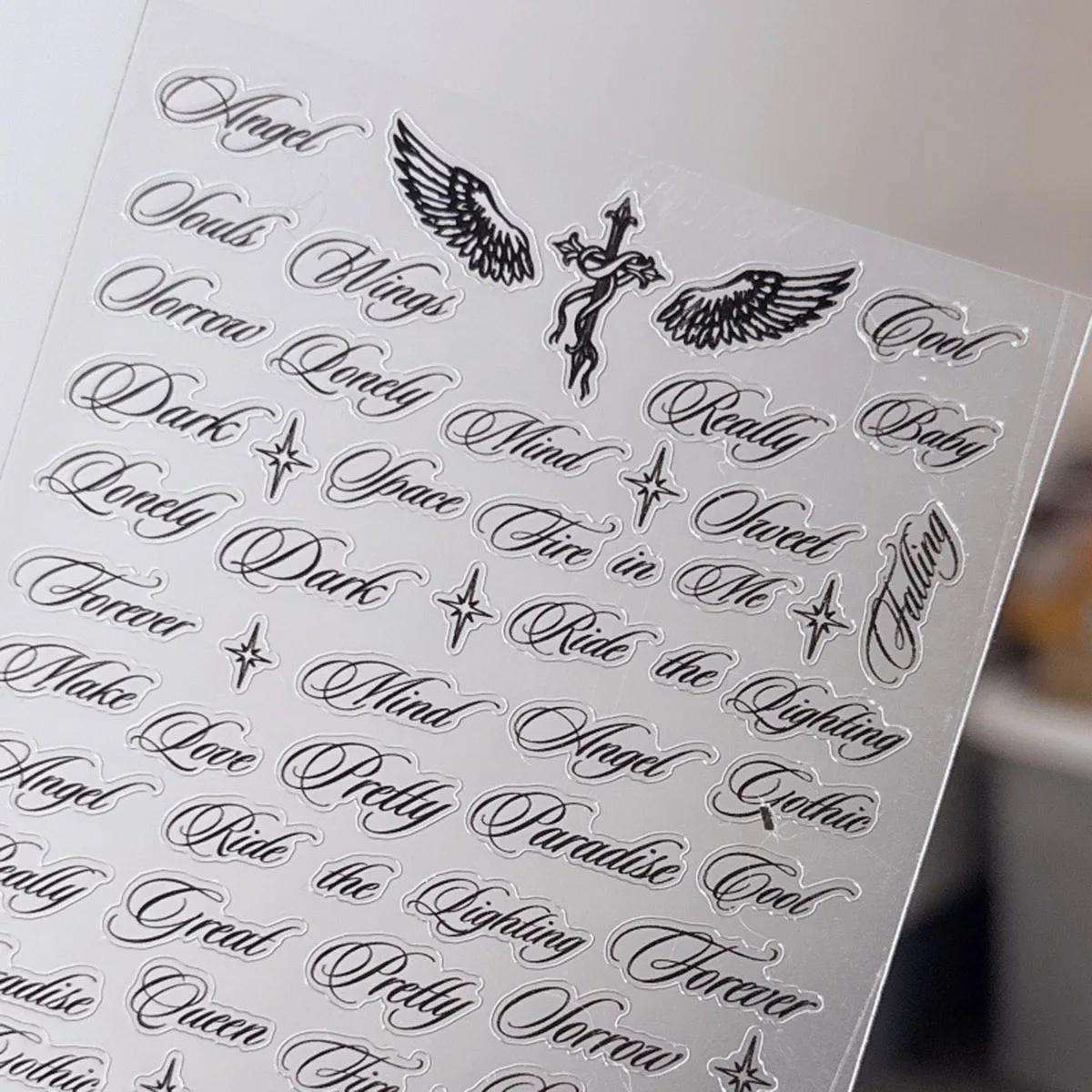 Autocollants pour ongles avec lettres noires et blanches, motifs d'ailes d'ange, designs mixtes, aut