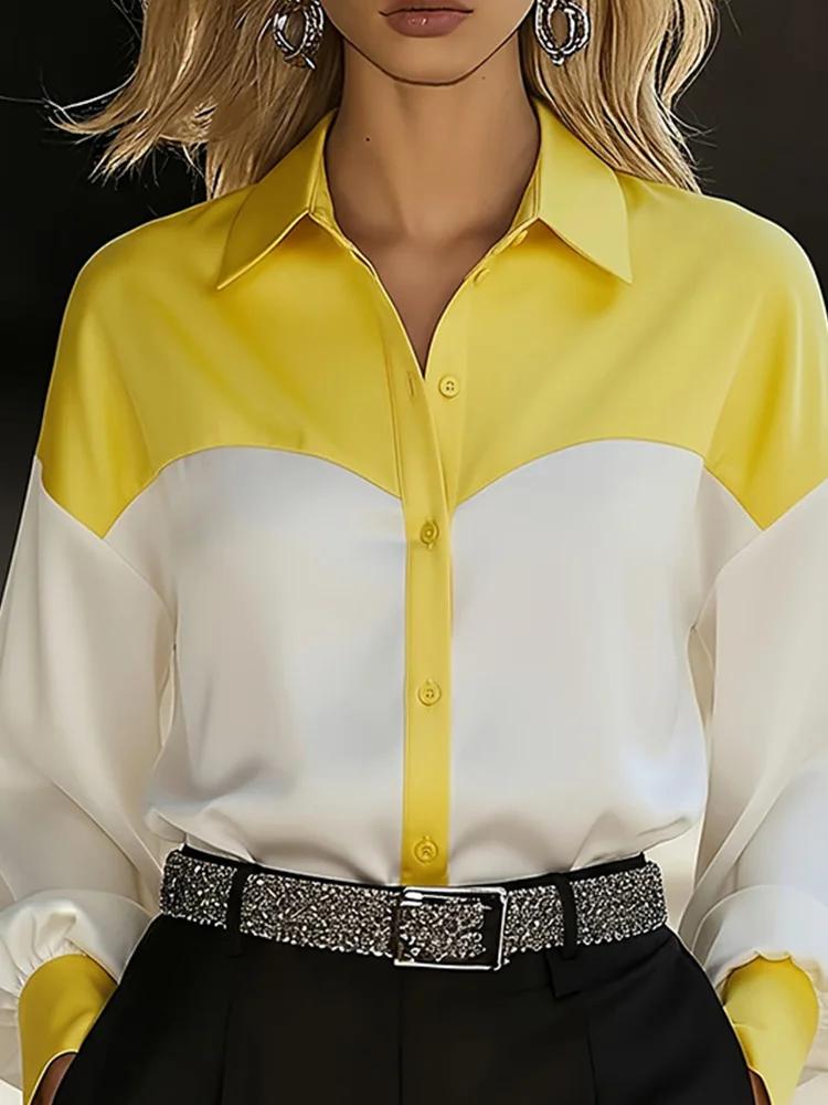 Chemise à manches longues pour femme, col rabattu, bouton, bloc de couleur, patchwork, décontractée,