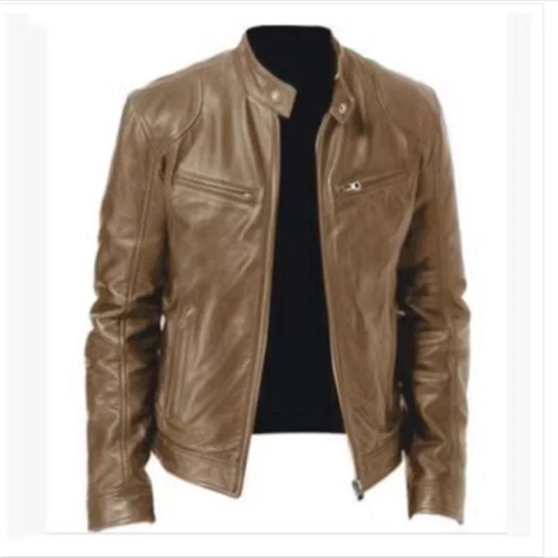 Veste en cuir PU coupe couvertes pour hommes, col montant, vestes à glissière alertes onale, revers 