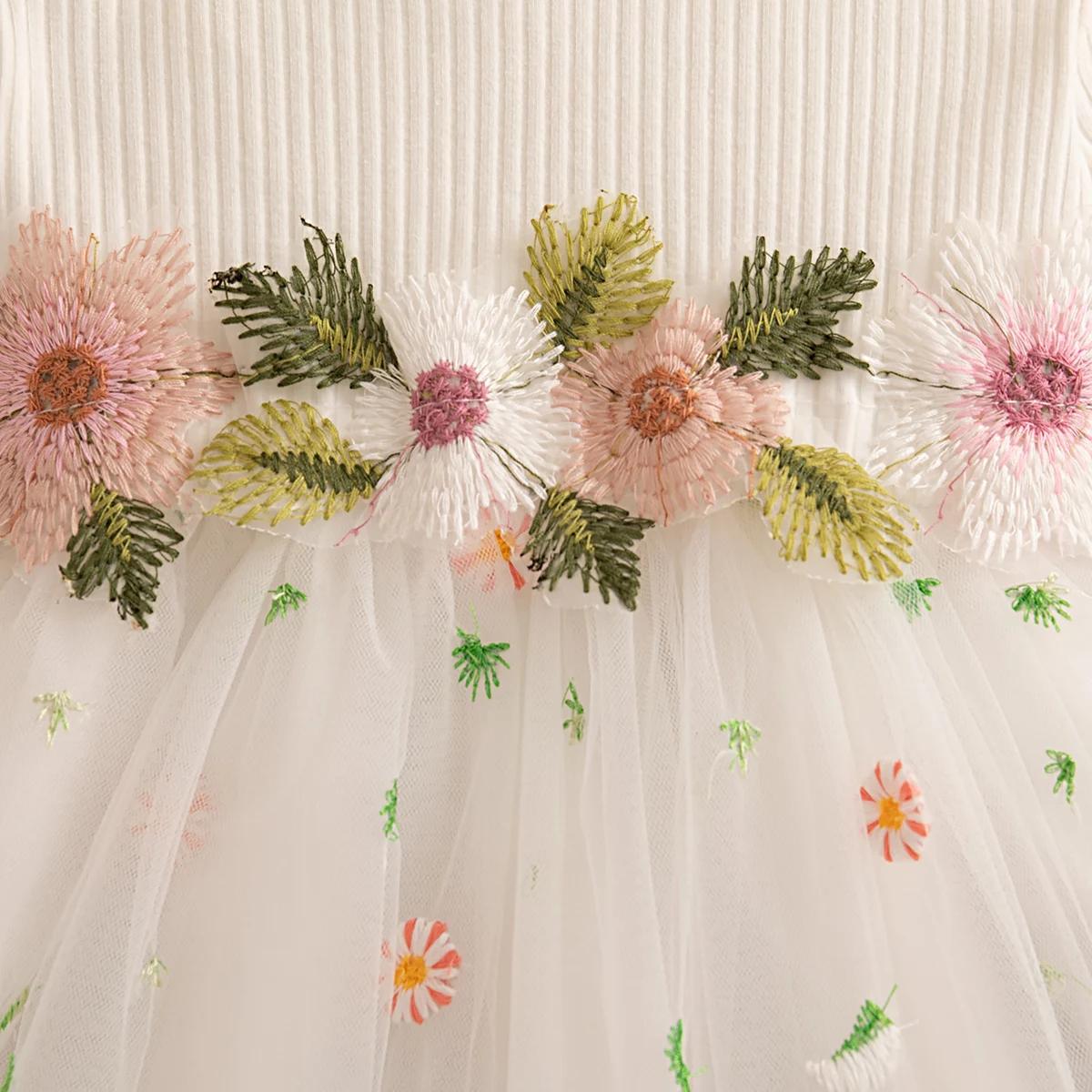 Robes de printemps et d'automne pour petites filles, en maille brodée de fleurs, robes de princesse 