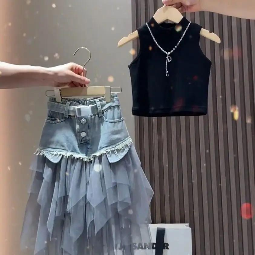 Ensemble été fille version coréenne 2025 - Débardeur + jupe cowboy + veste - Style bébé tendance