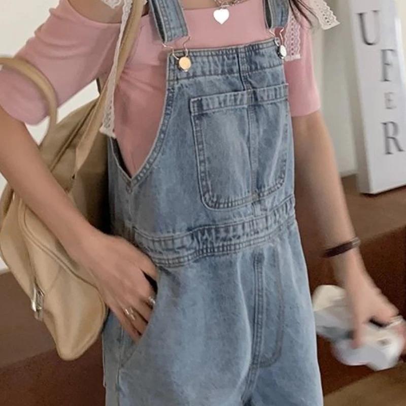 Denim Rompers Women Wide Leg Loose Korean Style Students Solid Summer Playsuits Leisure Trendy Pocke