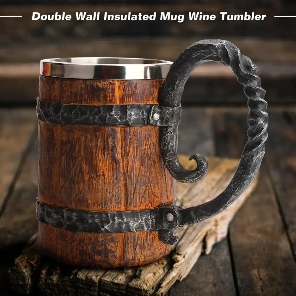 Tasse à Bière en Bois de Style Viking, Simulation de Baril en Bois, à Double Paroi, Isolée en Métal,