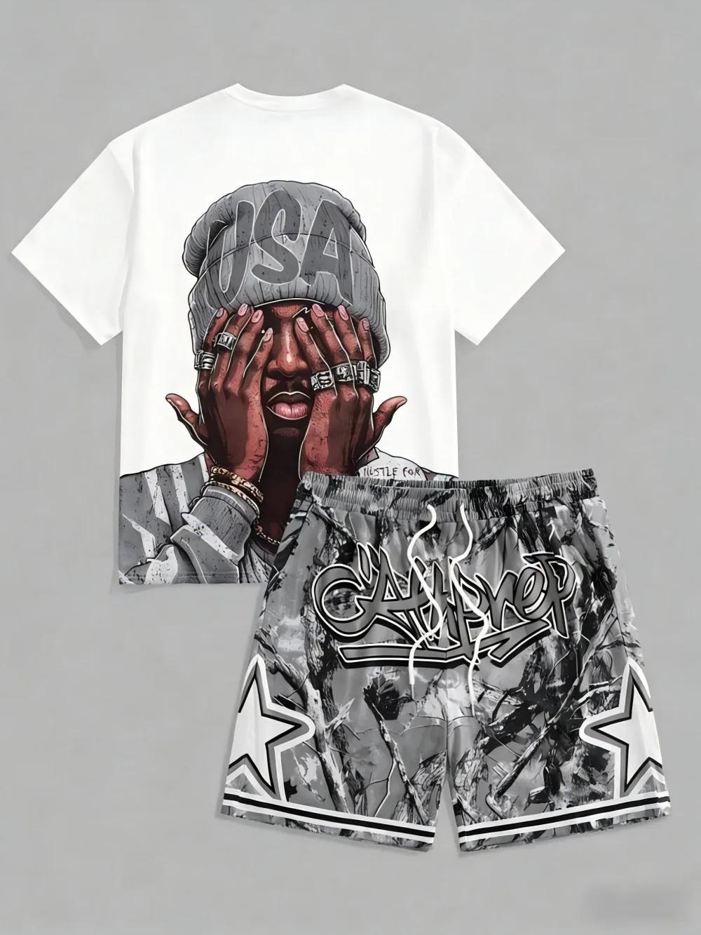 Ensemble T-shirt à col rond et short à cordon pour homme, motif lettres USA, confortable et respiran
