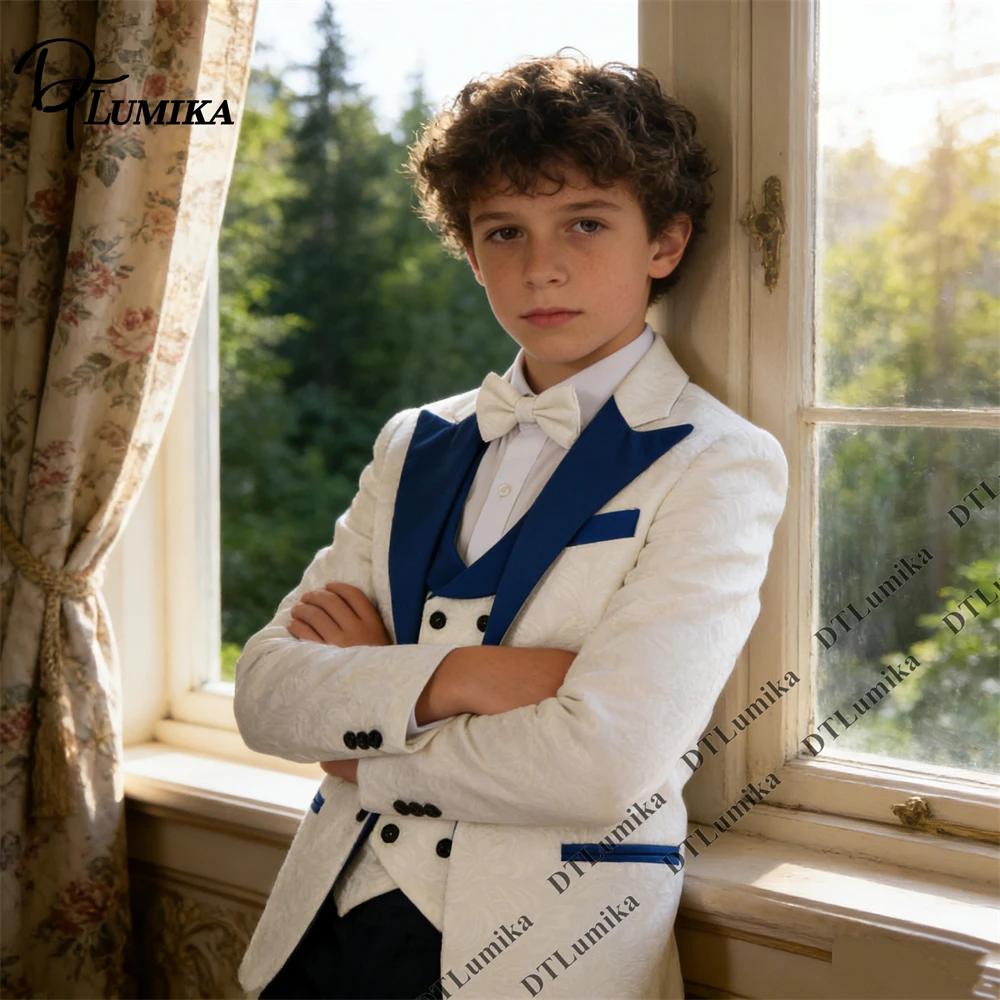 DTLumila - Costume de Cérémonie 3 Pièces Blanc pour Garçons 2026 avec Col Châle Bleu, Nœud Papillon 