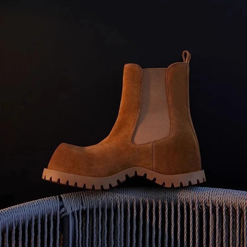 Bottines en daim marron et noir à bout rond large, à enfiler, avec sangle élastique, tendance automn