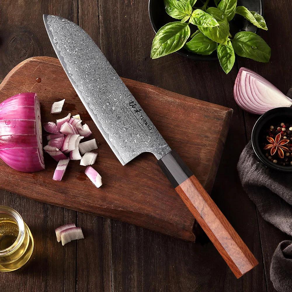 TURWHO – couteau Santoku de 7 pouces, couteaux de Chef de cuisine en acier damas, lame tranchante fa