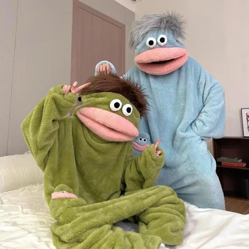 Pyjama de dessin animé automne-hiver pour couple, combinaison fantaisie à capuche monstre à bouche é
