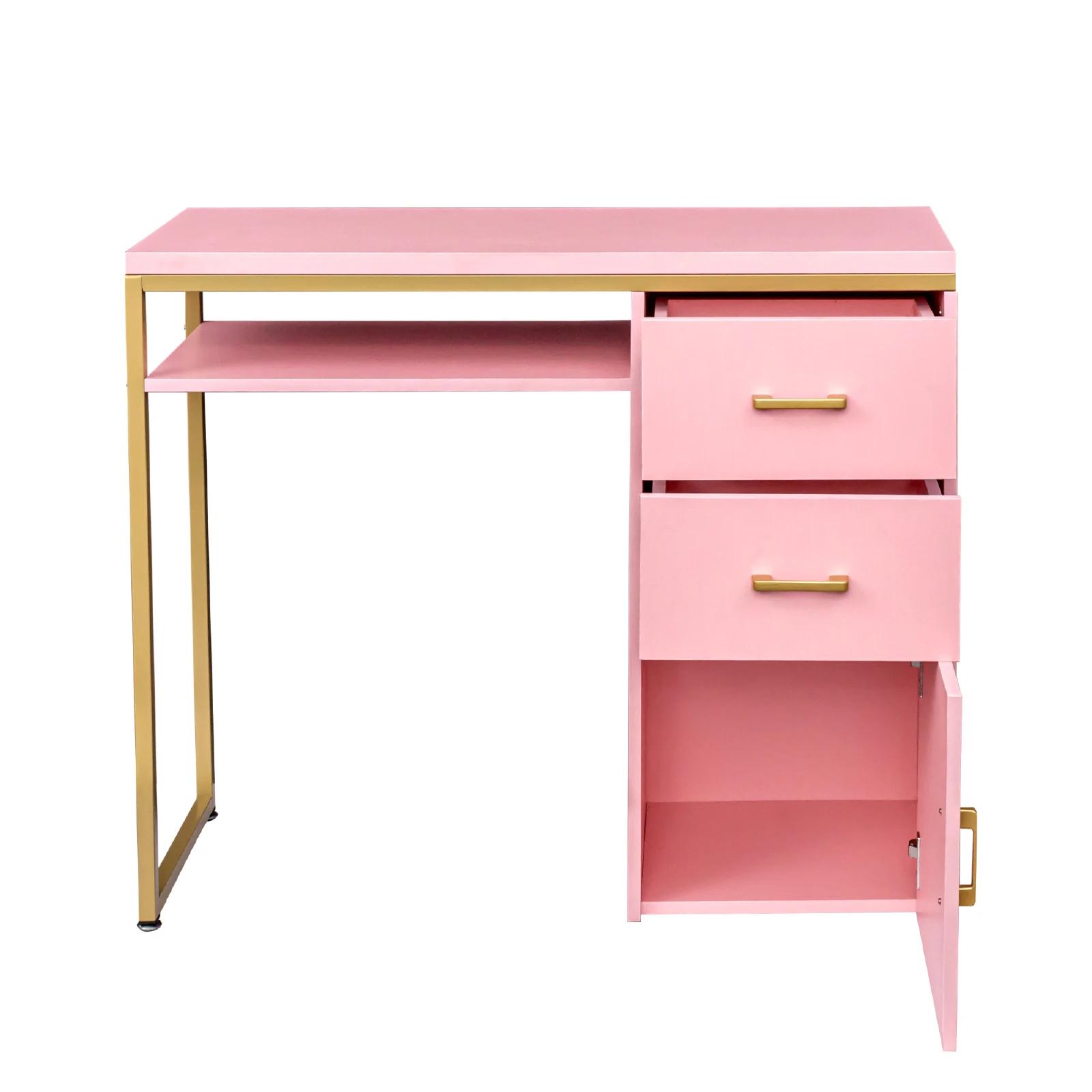 FCH-Tuyau de fer en panneau de particules rose, 2 tiroirs, 1 porte de bureau d'ordinateur, peut être