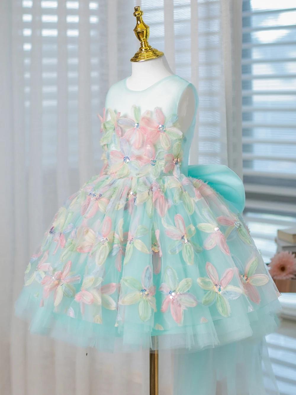 Robe de princesse colorée à fleurs 3D pour enfants, 80-160cm, élégante, col rond, sans manches, avec