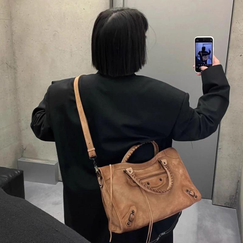 SHELKSBAG 2026 Automne – Sac à bandoulière en daim pour femme, style rétro et tendance, grande capac