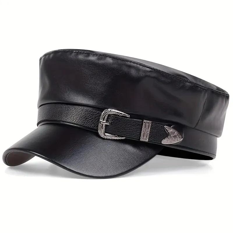 Chapeau en cuir avec grande ceinture pour femmes et hommes, chapeaux de marin, casquettes béret noir
