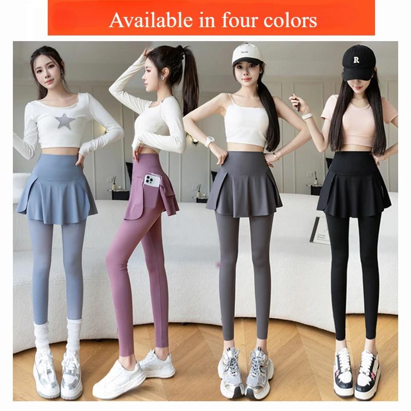 Faux Leggings deux pièces pour femmes, Leggings de Fitness sans couture, taille haute avec poche éla