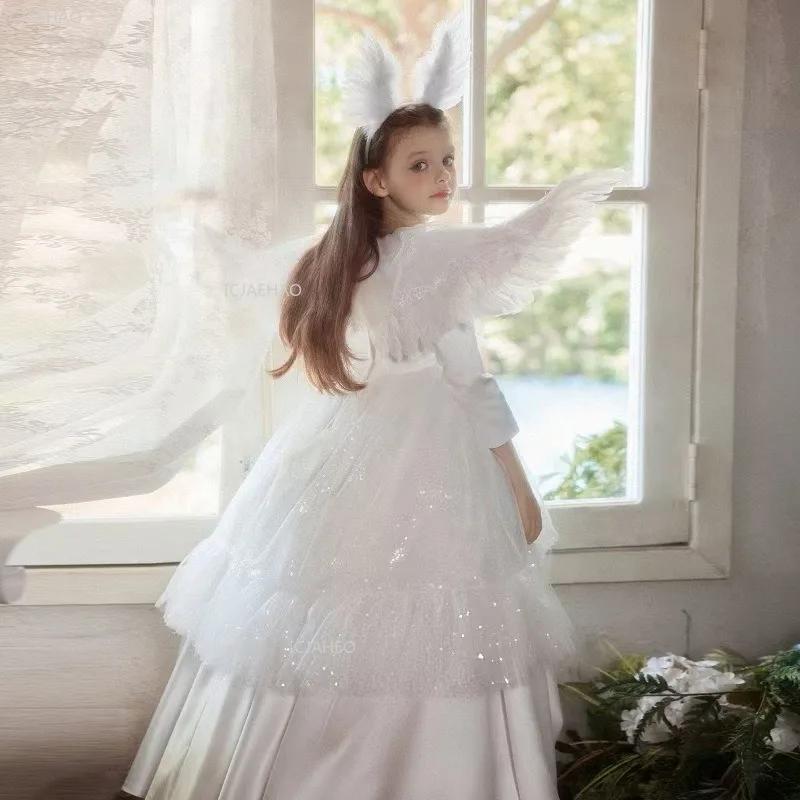 Robe de bal de princesse longue blanche pour filles, idéale pour Halloween, anniversaire, performanc