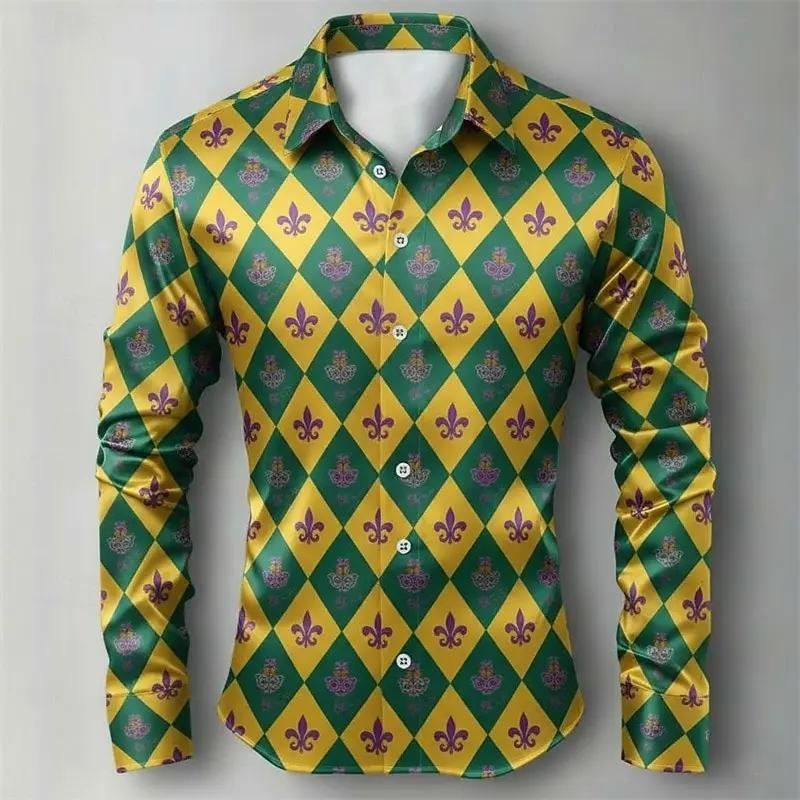 Mardi Gras – chemise à carreaux pour hommes, chemise boutonnée à manches longues, hawaïenne, décontr