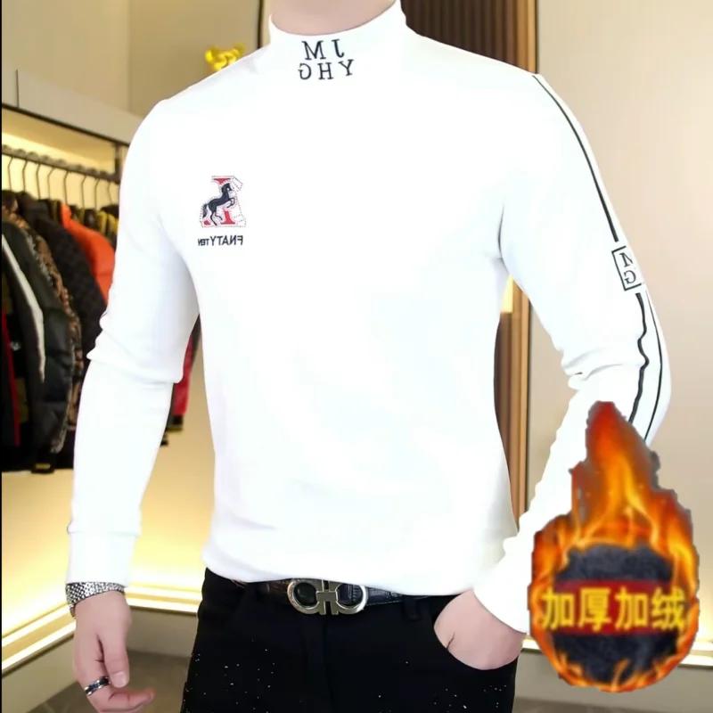 T-shirt à manches longues et col Semi-haut pour homme, en velours Double face, épais et chaud, Slim,