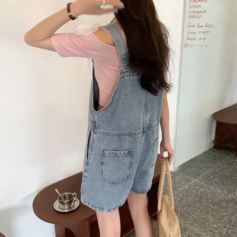 Denim Rompers Women Wide Leg Loose Korean Style Students Solid Summer Playsuits Leisure Trendy Pocke
