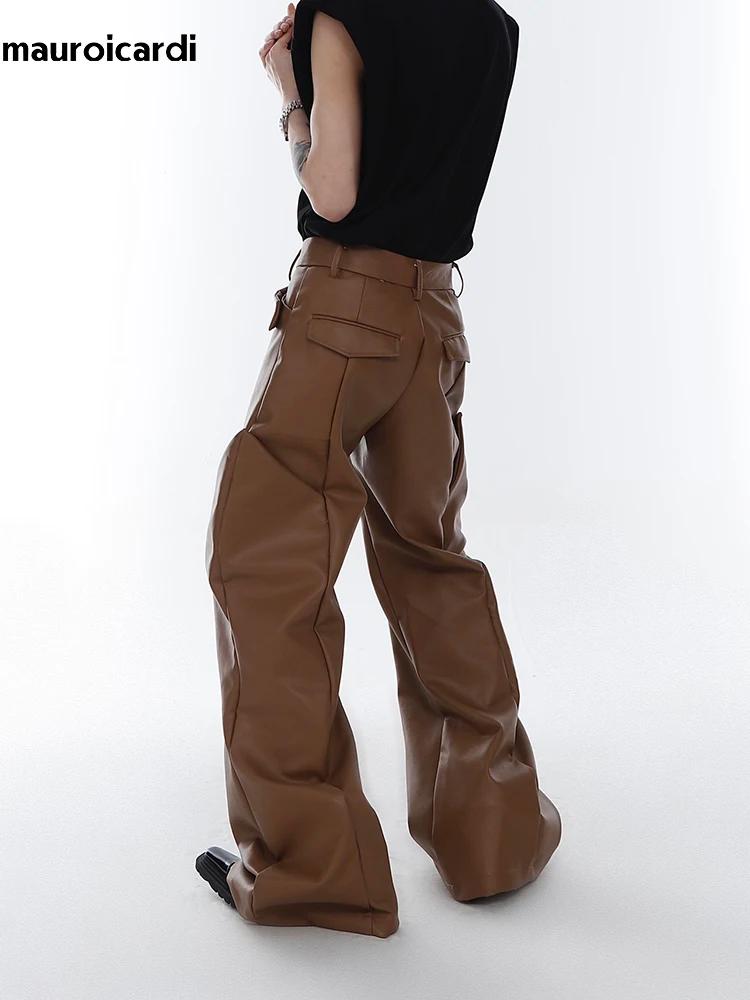Mauroicardi printemps automne longue ample décontracté marron noir Pu cuir pantalon hommes de luxe v