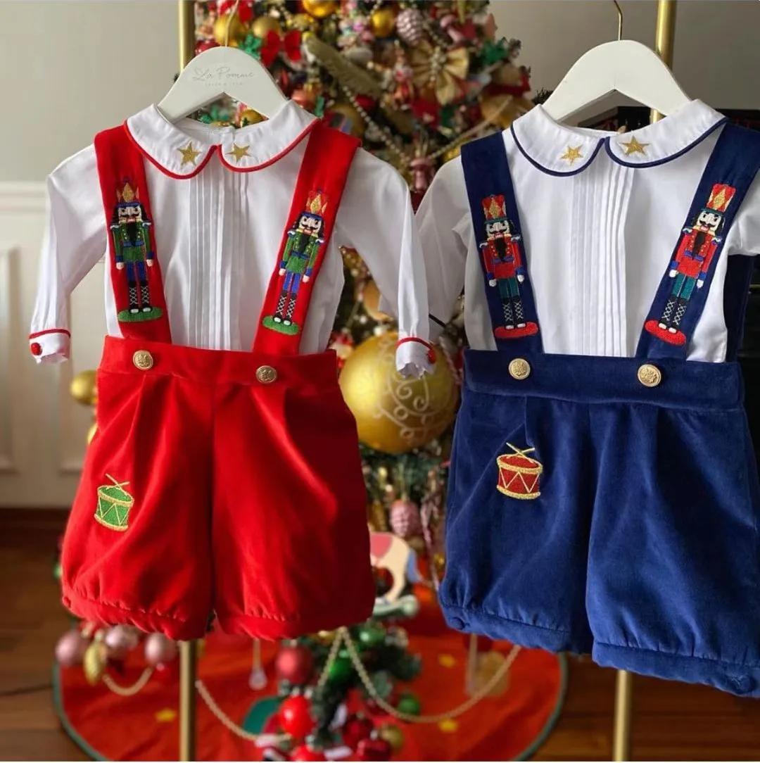 Ensemble bébé garçon 0-6 ans automne hiver rouge bleu velours casse-noisette broderie Vintage pour E