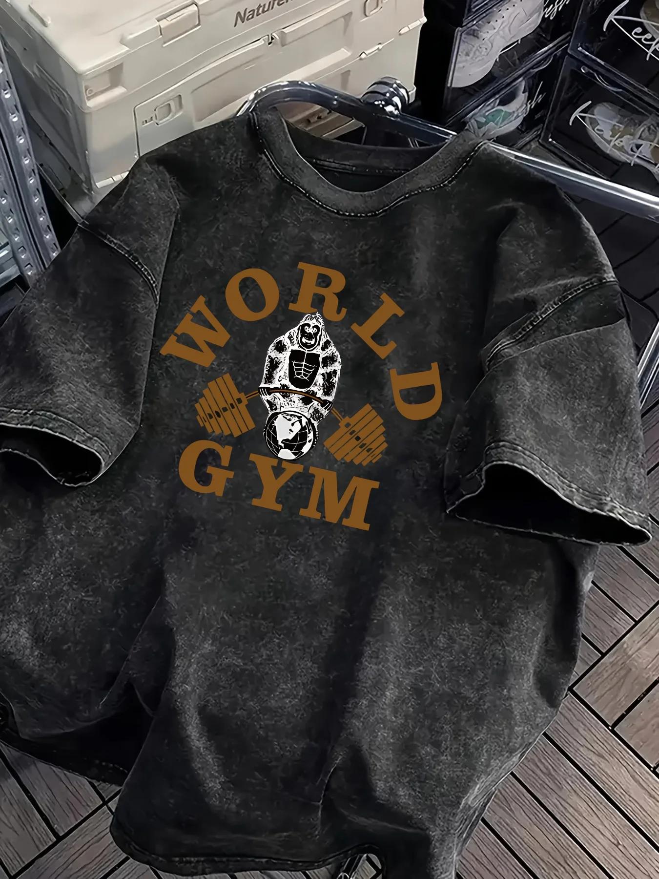 T-shirt d'été pour homme, style rétro, 100 % coton, délavé et vieilli, coupe ample, avec motif impri