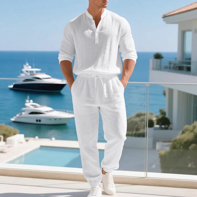Ensemble américain en lin ample pour hommes, chemise hawaïenne fine Henry, pantalon à manches longue