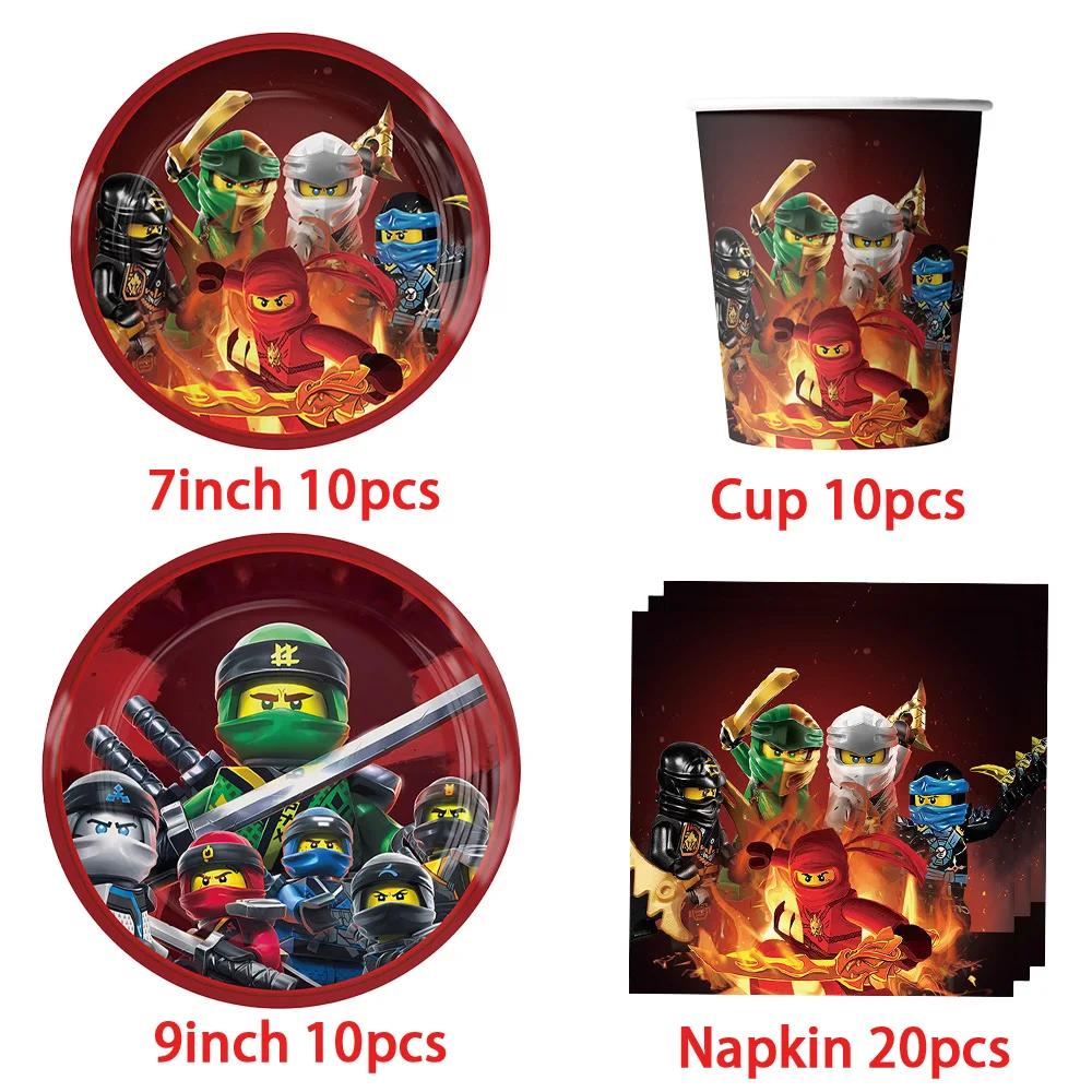 Décorations de fête d'anniversaire sur le thème de Ninjago, ballons Ninja, vaisselle, assiettes en p