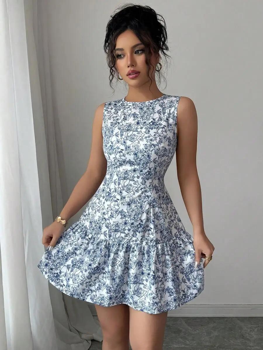 Robe florale bleue et blanche de style bohème et français pour le printemps/été, sans manches avec c