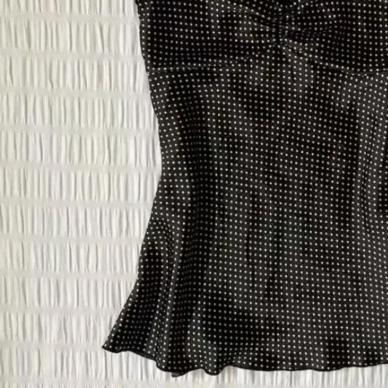 Camisole vintage à pois français pour femmes, été, plis, sans manches, Y2k, crop top, halter, hauts 