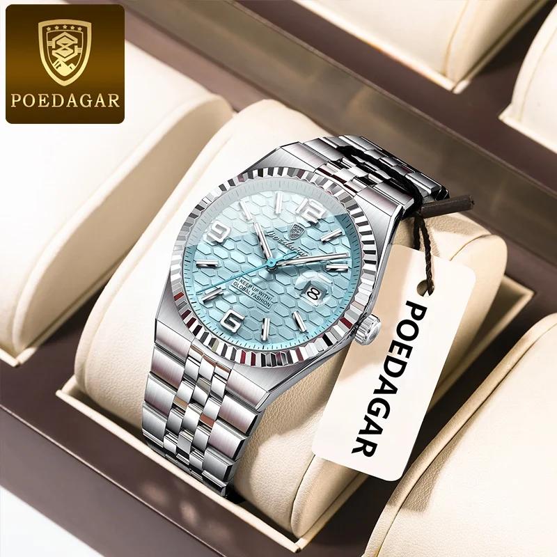 POEDAGAR haute qualité originale montre pour hommes étanche lumineux en acier inoxydable calendrier 