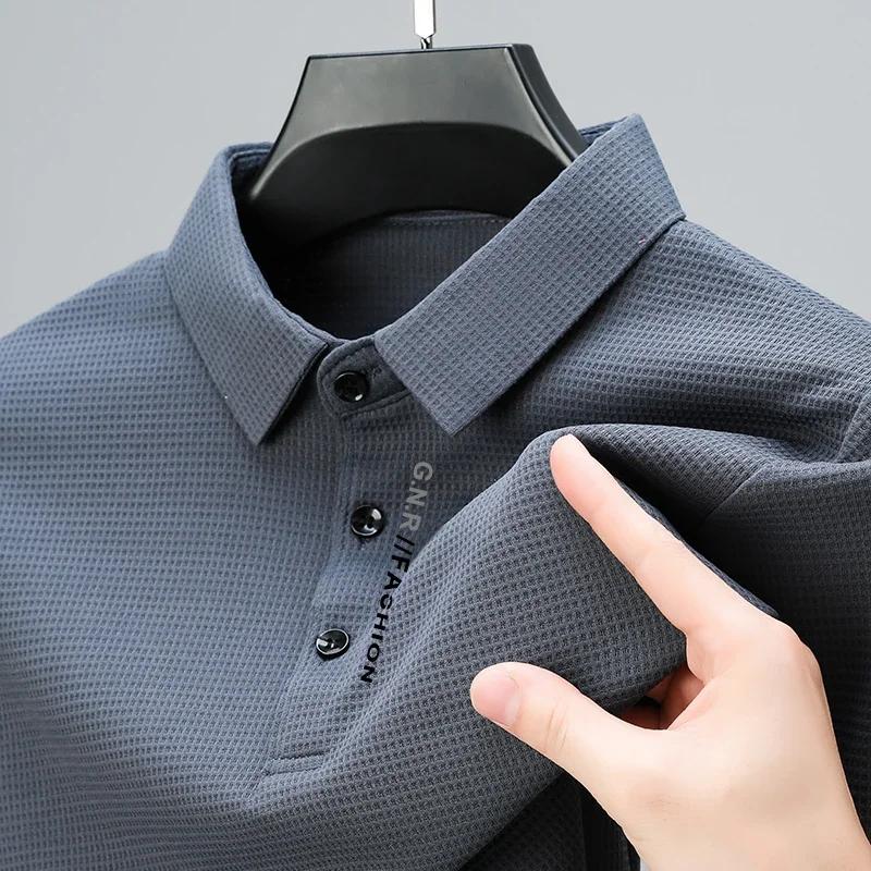 POLO gaufré à manches longues pour hommes avec lettre imprimée revers haut décontracté