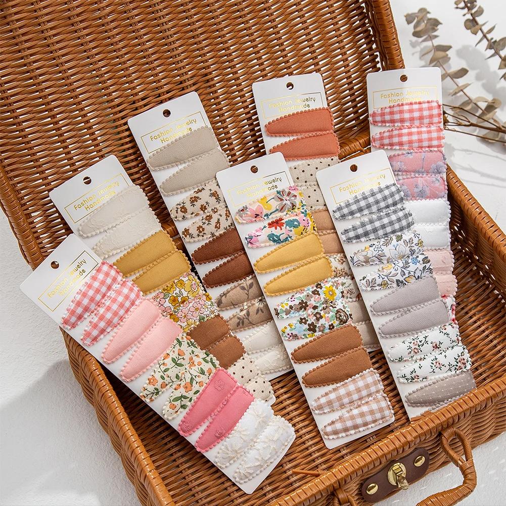 10 pièces/lot Ins 6cm fleur imprimé coton alliage cheveux arc Snap Clips ensemble tissu Plaid Bobby 