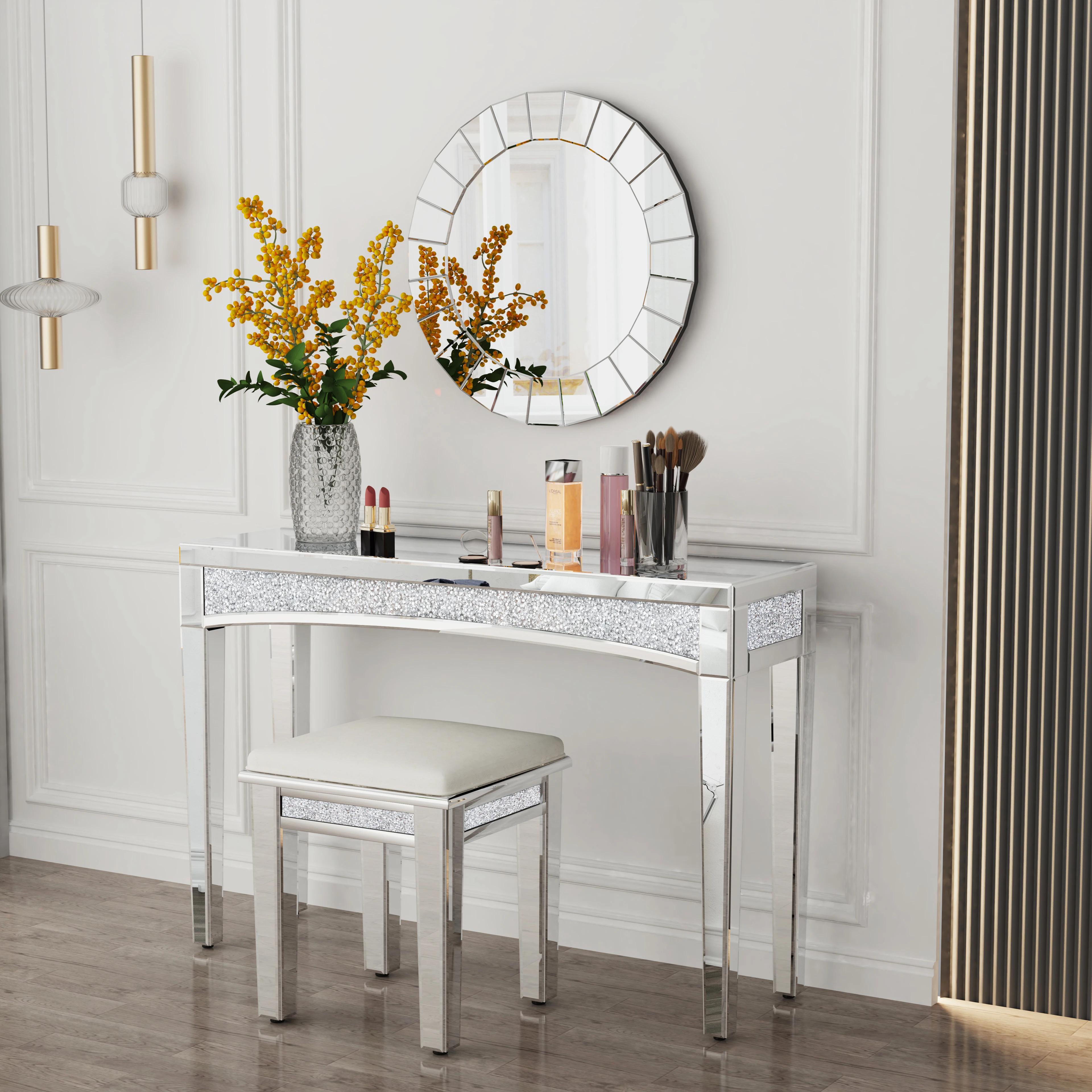 Table console miroir argentée avec incrustation de cristal, bureau, canapé, salon, entrée, foyer, 47