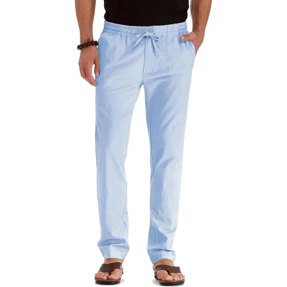 Pantalon Long en coton et lin pour hommes, décontracté, hawaïen, jambe droite, survêtement léger, no