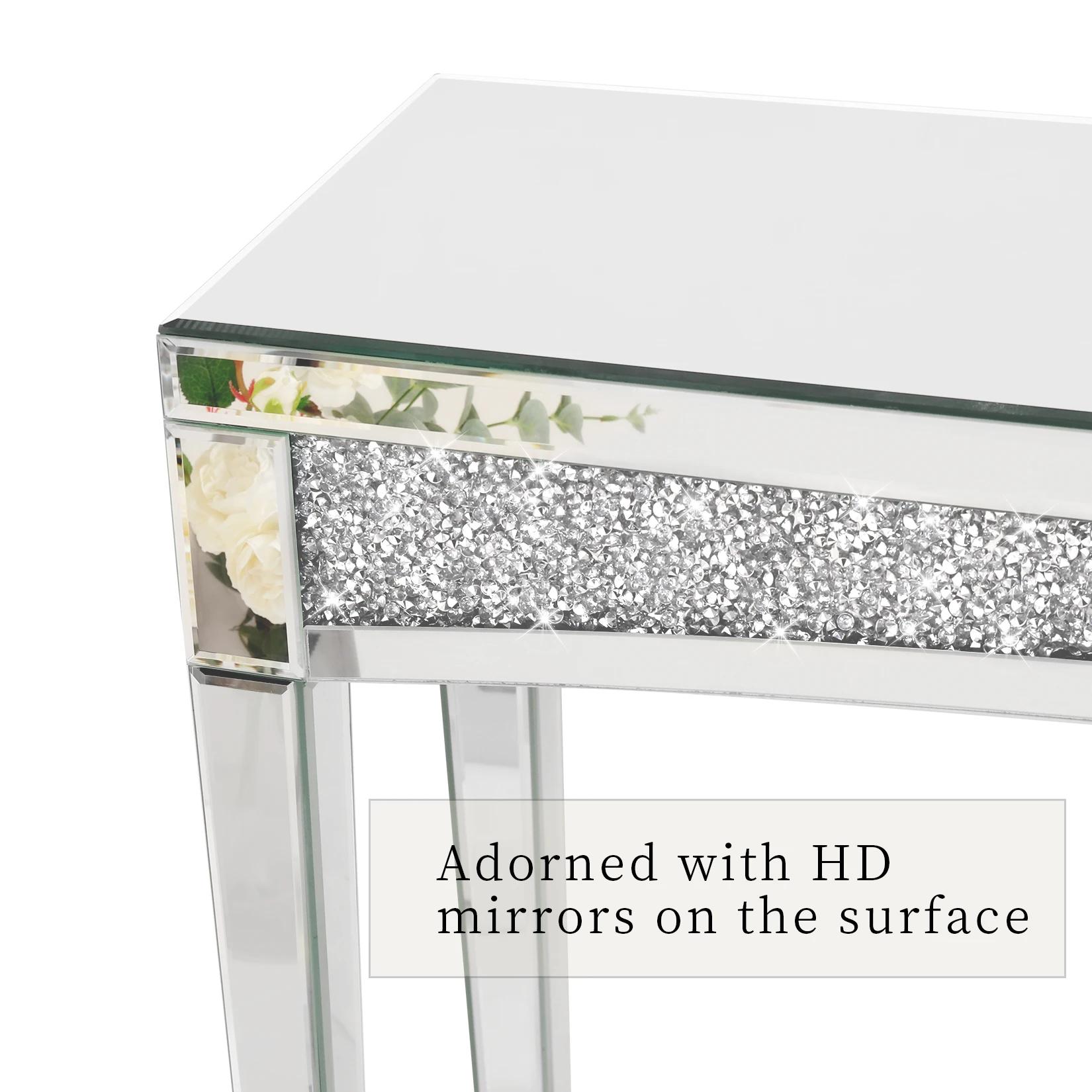Table console miroir argentée avec incrustation de cristal, bureau, canapé, salon, entrée, foyer, 47