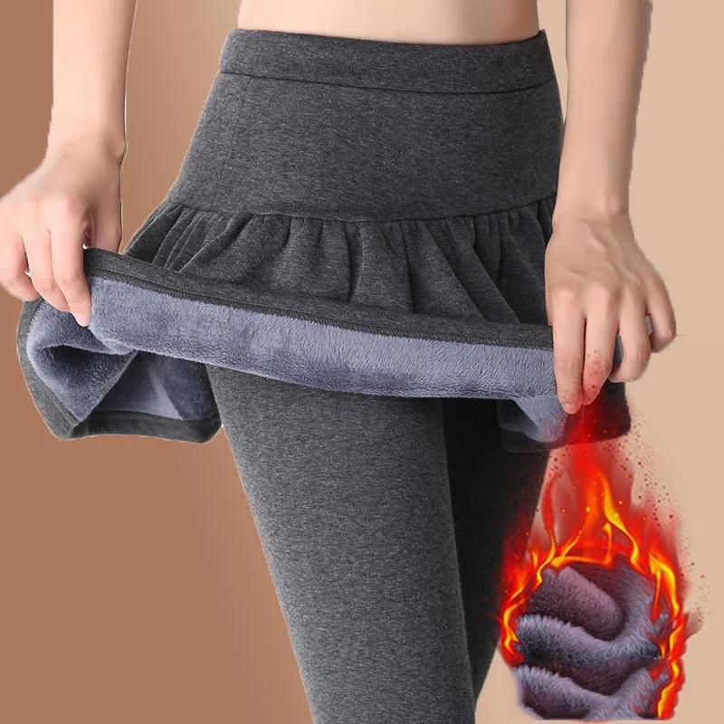 Femmes jupes plissées Leggings épaissi peluche hiver chaud pantalon thermique serré pantalon Leggins