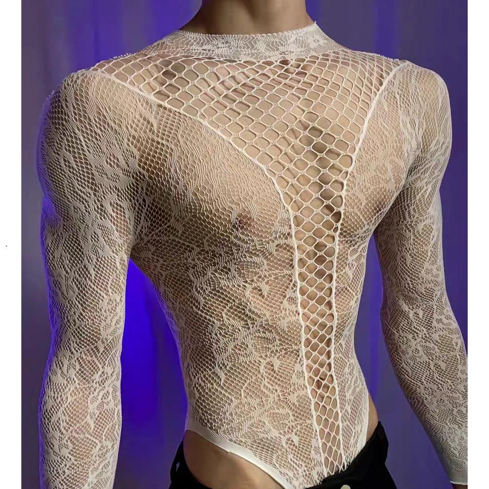 T-shirt d'été en maille transparente à manches longues et col rond pour hommes et femmes, combinaiso