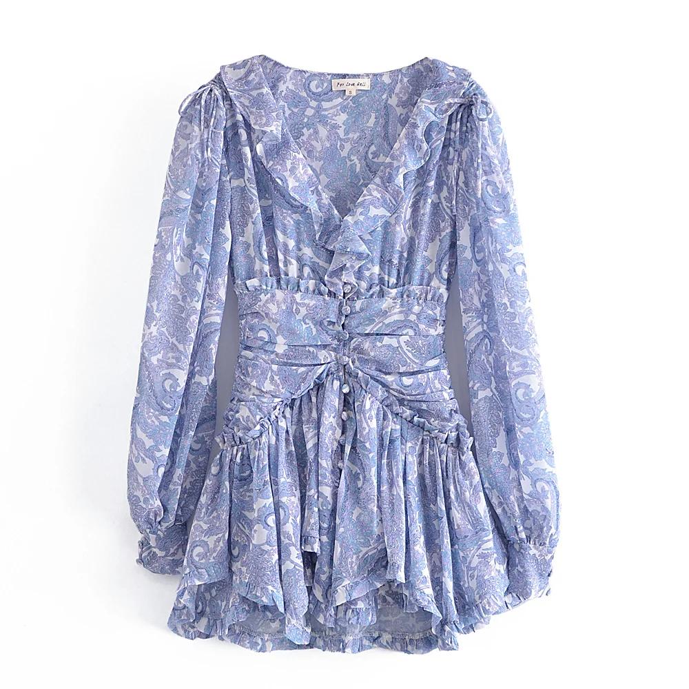 Mini Robe en mousseline de soie à imprimé Floral bleu pour femmes, 2022, oreilles en bois, volants, 