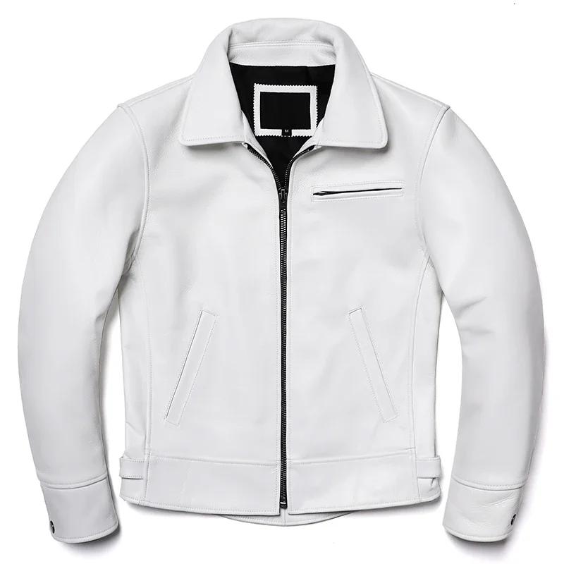 Veste en cuir de vache naturel blanc pour hommes, manteau en cuir véritable, coupe cintrée, vêtement