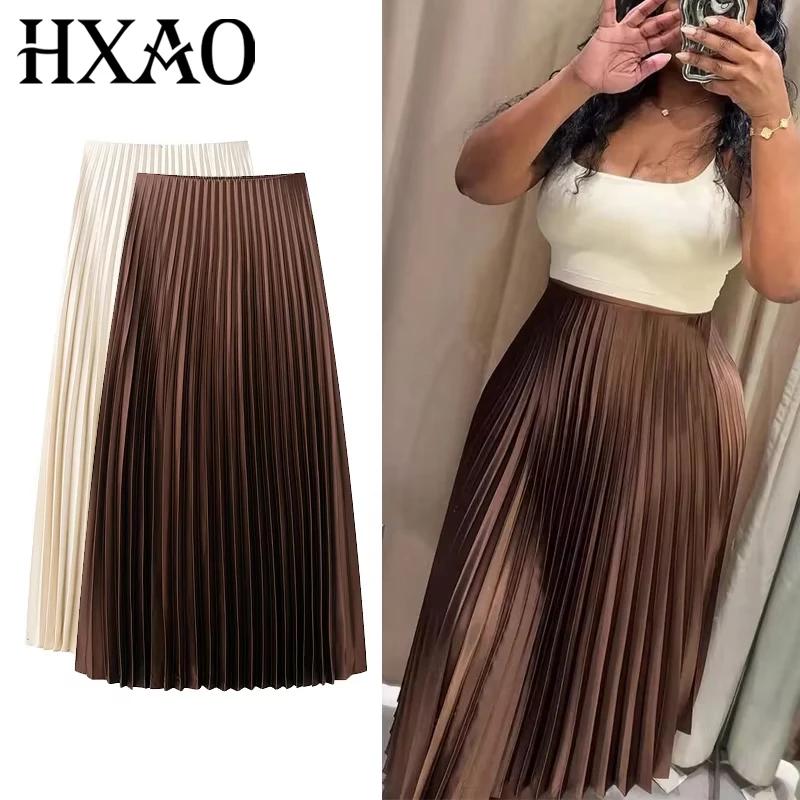 HXAO femmes jupe plissée été marron jupe à volants cylindre plis taille moyenne jupe Midi mode éléga