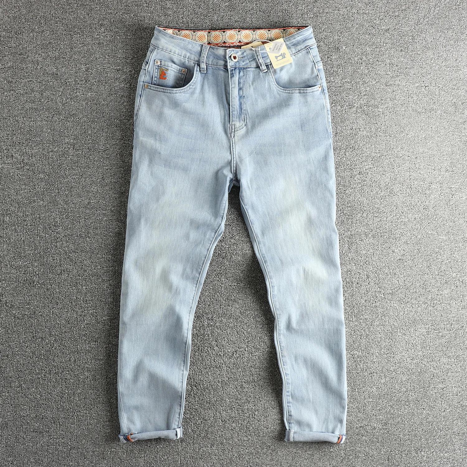 Jean bleu clair délavé rétro pour hommes, pieds slim, pantalon américain polyvalent à neuf points po