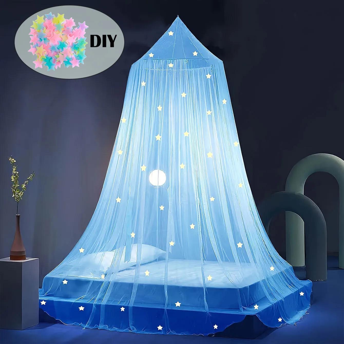Moustiquaire de lit pour enfants en forme de dôme lumineux, pliable, à étoiles autocollantes DIY, po