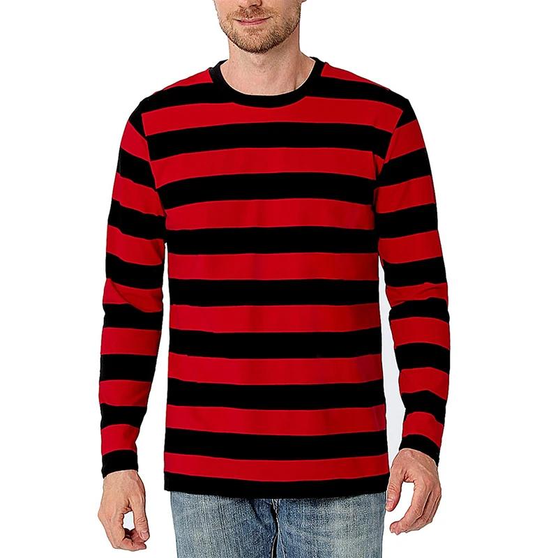 Mode contraste rayure impression 3D hommes à manches longues T-shirt décontracté mode col rond surdi