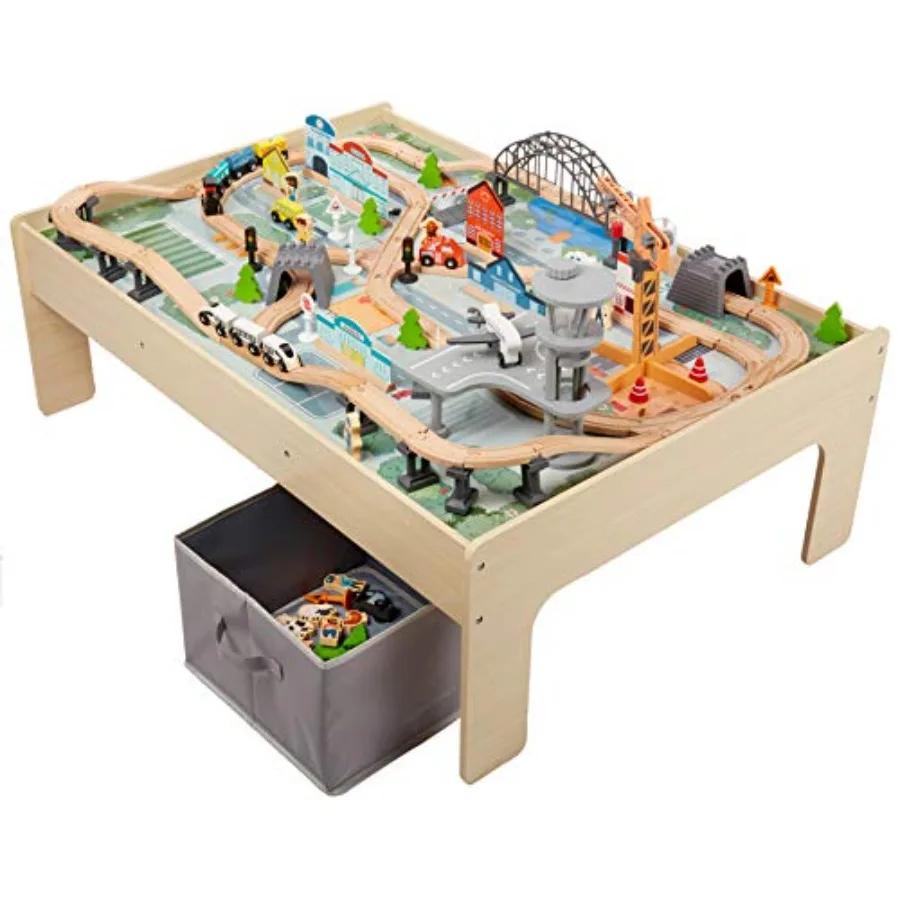 Amazon Basics Ensemble de train en bois de 120 pièces avec table d'activité Pistes robustes Poubelle