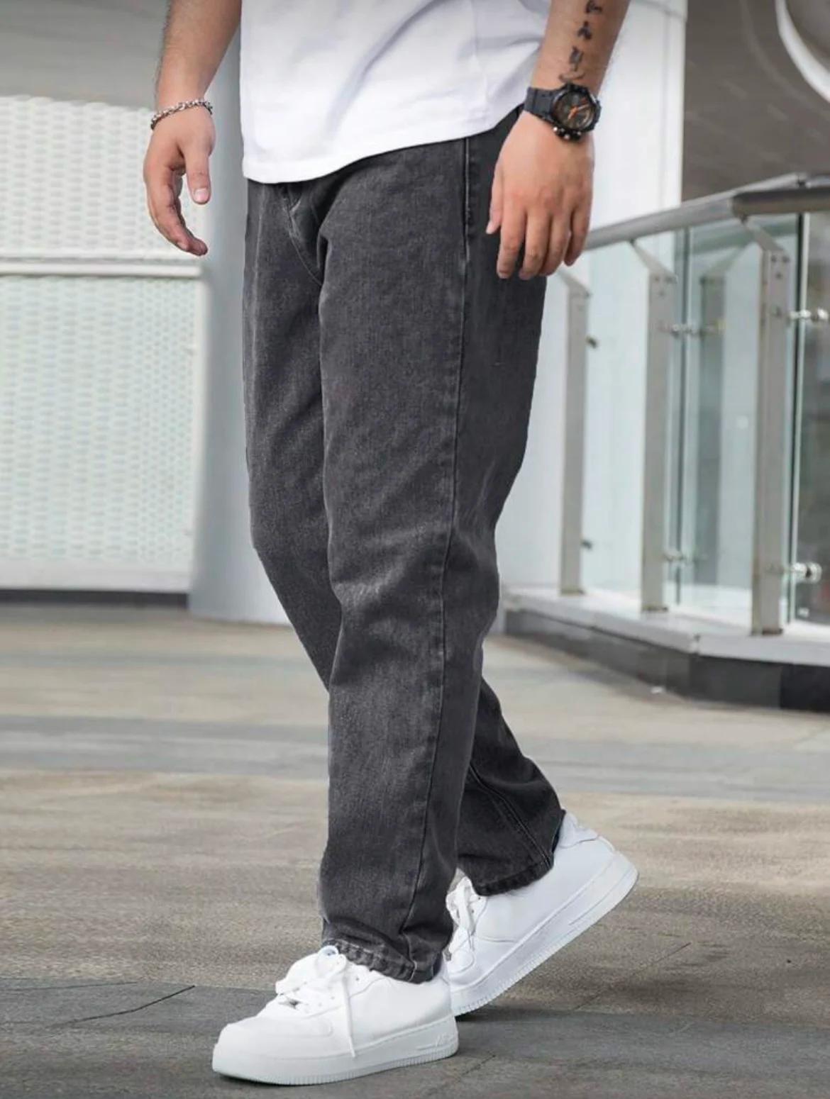Jean droit ample pour hommes, délavé gris foncé Vintage, tenue quotidienne décontractée, confortable