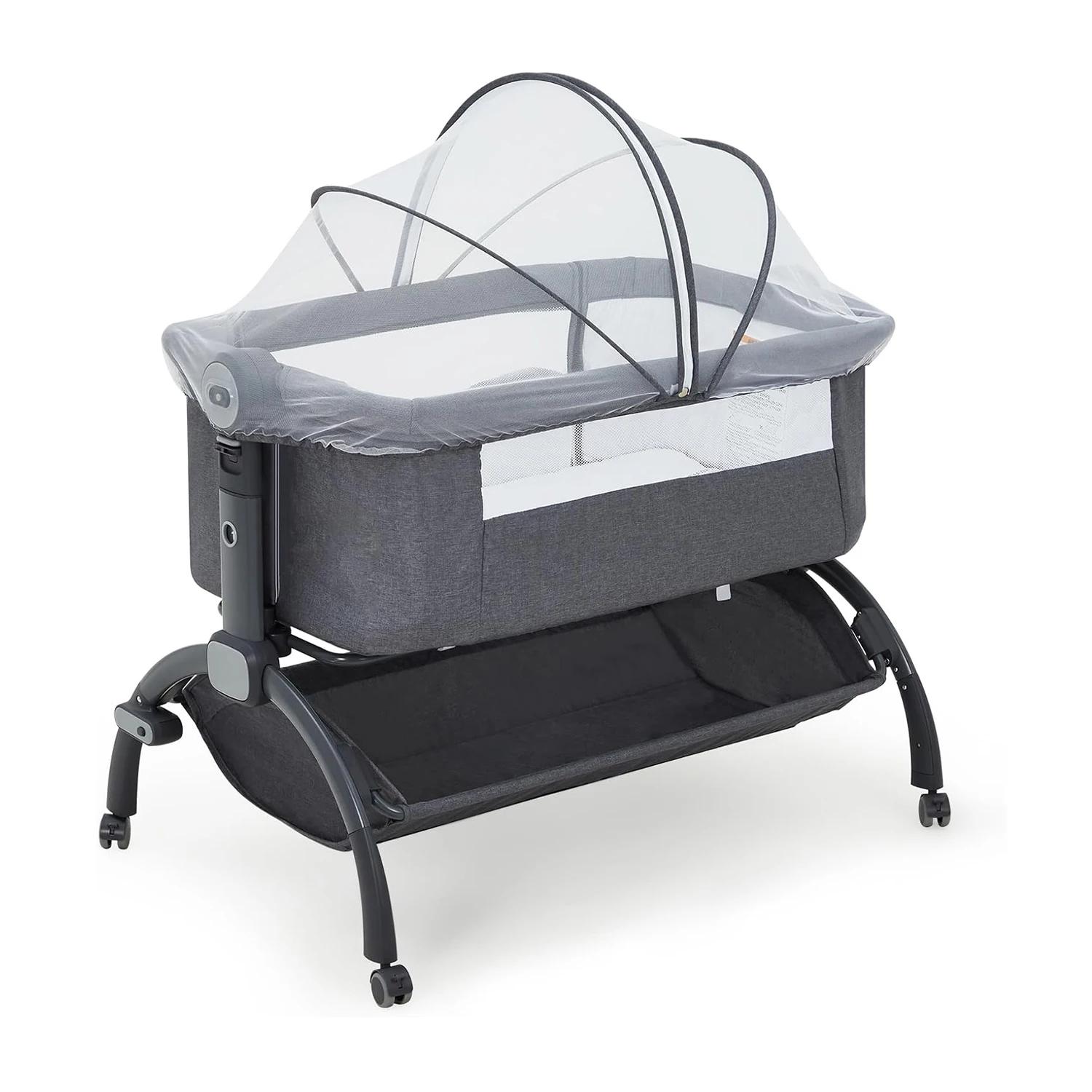Berceau de chevet 3-en-1 avec lit cododo et lit de voyage avec moustiquaire amovible pour nouveau-né